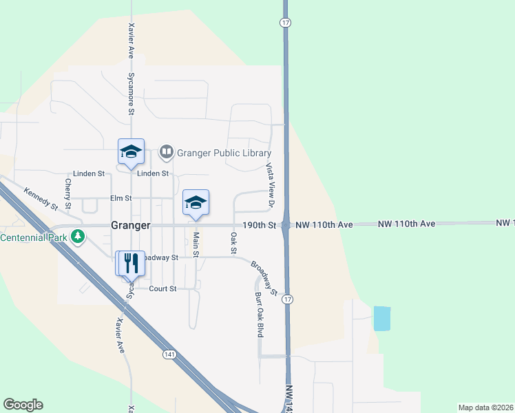 map of restaurants, bars, coffee shops, grocery stores, and more near 2021 Vista View Drive in Granger