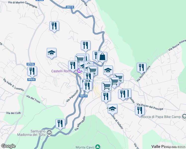 map of restaurants, bars, coffee shops, grocery stores, and more near 15 Via Campi D'Annibale in Rocca di Papa