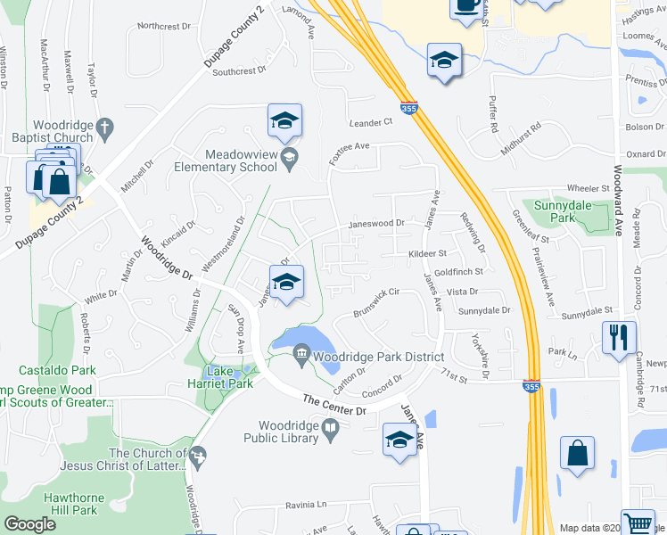 map of restaurants, bars, coffee shops, grocery stores, and more near 20 Bittersweet Court in Woodridge