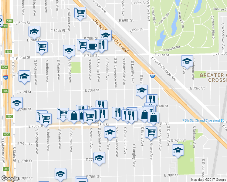 map of restaurants, bars, coffee shops, grocery stores, and more near 547 East 73rd Street in Chicago