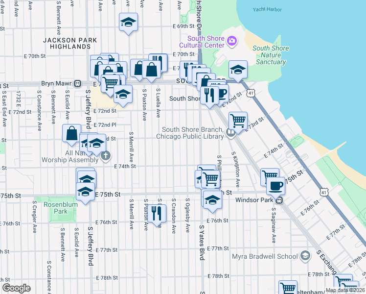map of restaurants, bars, coffee shops, grocery stores, and more near 7320 South Oglesby Avenue in Chicago