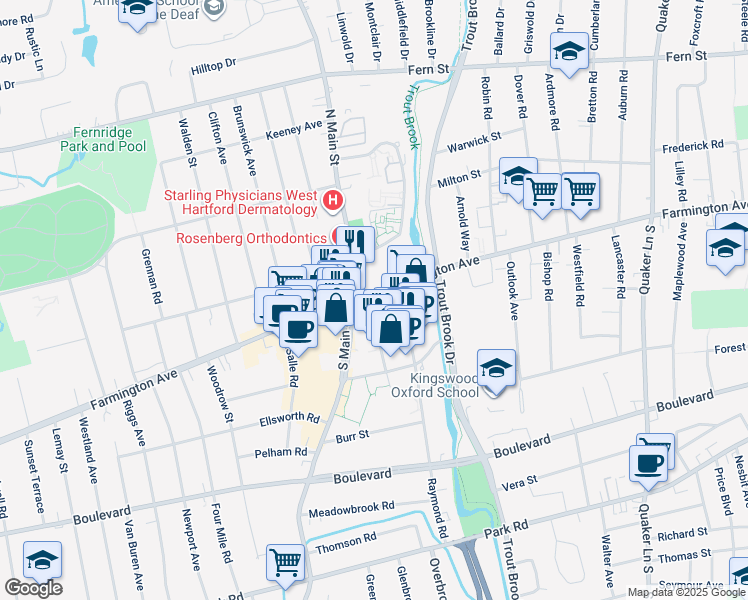 map of restaurants, bars, coffee shops, grocery stores, and more near 12 South Main Street in West Hartford