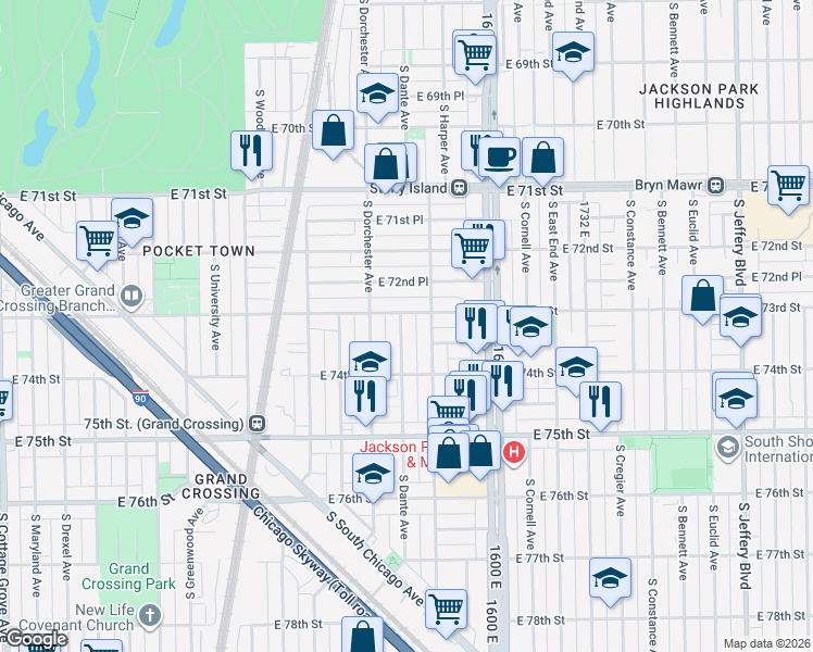 map of restaurants, bars, coffee shops, grocery stores, and more near 7311 South Dante Avenue in Chicago