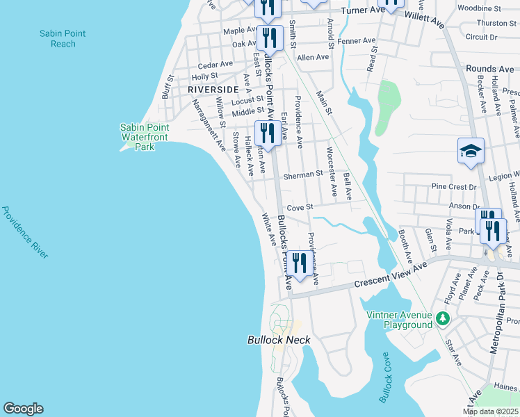 map of restaurants, bars, coffee shops, grocery stores, and more near 15 White Avenue in East Providence