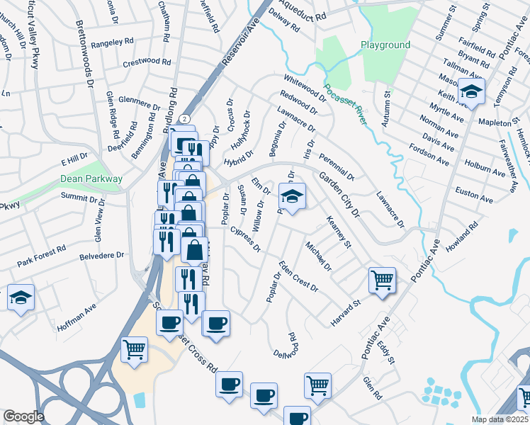 map of restaurants, bars, coffee shops, grocery stores, and more near 73 Plantation Drive in Cranston