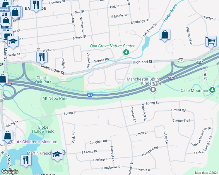 map of restaurants, bars, coffee shops, grocery stores, and more near Charter Oak Greenway in Manchester