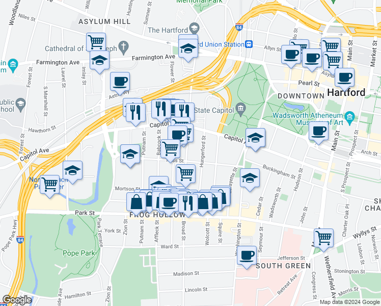map of restaurants, bars, coffee shops, grocery stores, and more near 593 Broad Street in Hartford