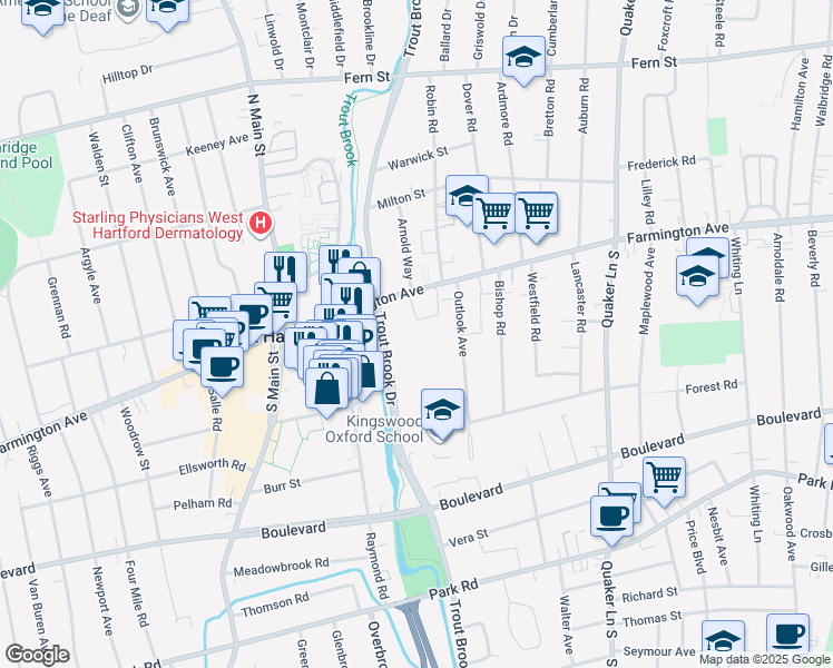 map of restaurants, bars, coffee shops, grocery stores, and more near 914-978 Trout Brook Dr in West Hartford