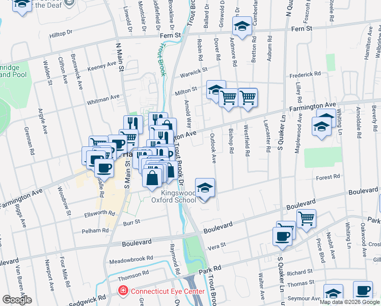 map of restaurants, bars, coffee shops, grocery stores, and more near 950 Trout Brook Drive in West Hartford