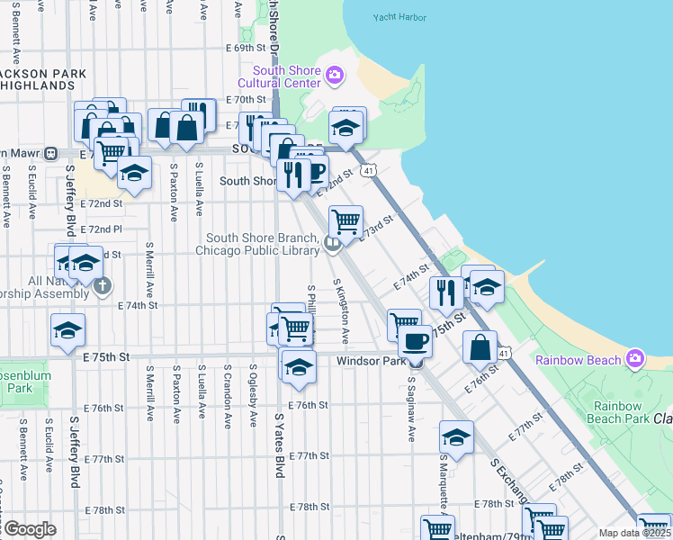 map of restaurants, bars, coffee shops, grocery stores, and more near 7336 South Kingston Avenue in Chicago