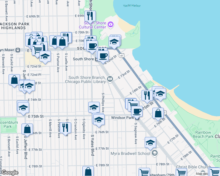 map of restaurants, bars, coffee shops, grocery stores, and more near 7336 South Kingston Avenue in Chicago