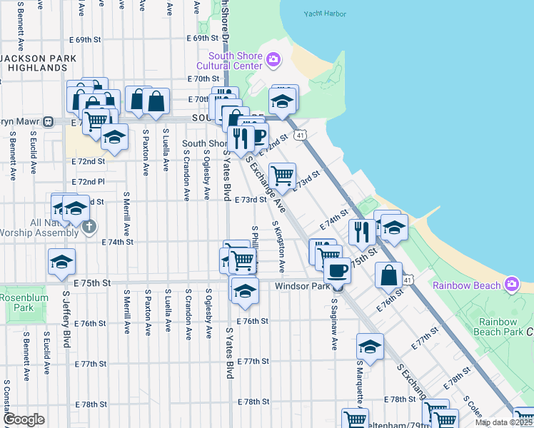 map of restaurants, bars, coffee shops, grocery stores, and more near 7336 South Kingston Avenue in Chicago