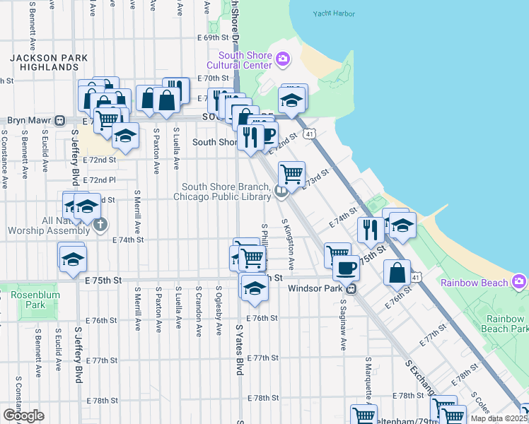 map of restaurants, bars, coffee shops, grocery stores, and more near 7342 South Phillips Avenue in Chicago