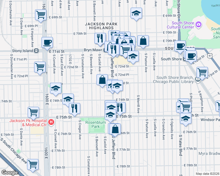 map of restaurants, bars, coffee shops, grocery stores, and more near 7355 South Jeffery Boulevard in Chicago