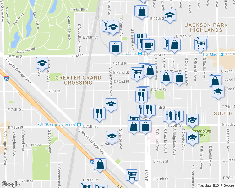 map of restaurants, bars, coffee shops, grocery stores, and more near 7329 South Dante Avenue in Chicago