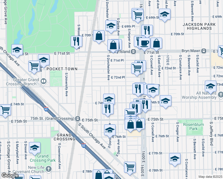 map of restaurants, bars, coffee shops, grocery stores, and more near 7330 South Dorchester Avenue in Chicago