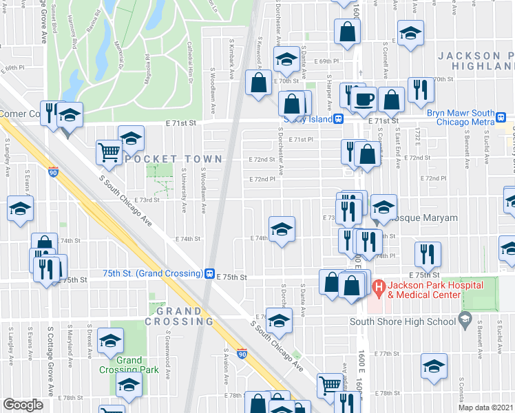 map of restaurants, bars, coffee shops, grocery stores, and more near 7326 South Kenwood Avenue in Chicago