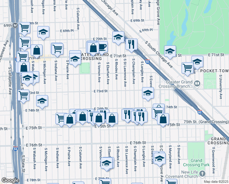map of restaurants, bars, coffee shops, grocery stores, and more near 7320 South Rhodes Avenue in Chicago