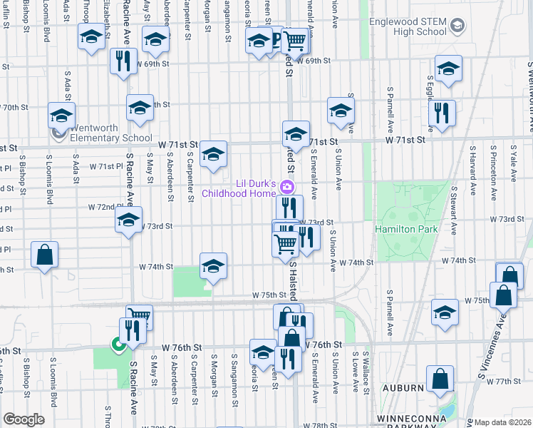 map of restaurants, bars, coffee shops, grocery stores, and more near 7303 South Peoria Street in Chicago