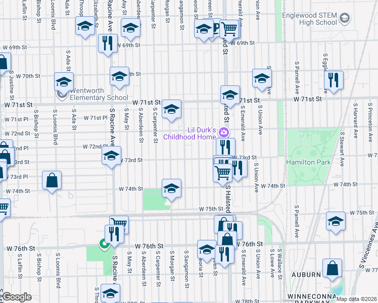 map of restaurants, bars, coffee shops, grocery stores, and more near 944 West 73rd Street in Chicago