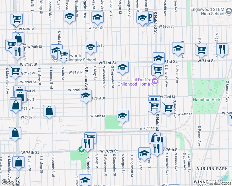 map of restaurants, bars, coffee shops, grocery stores, and more near 7256 South Morgan Street in Chicago