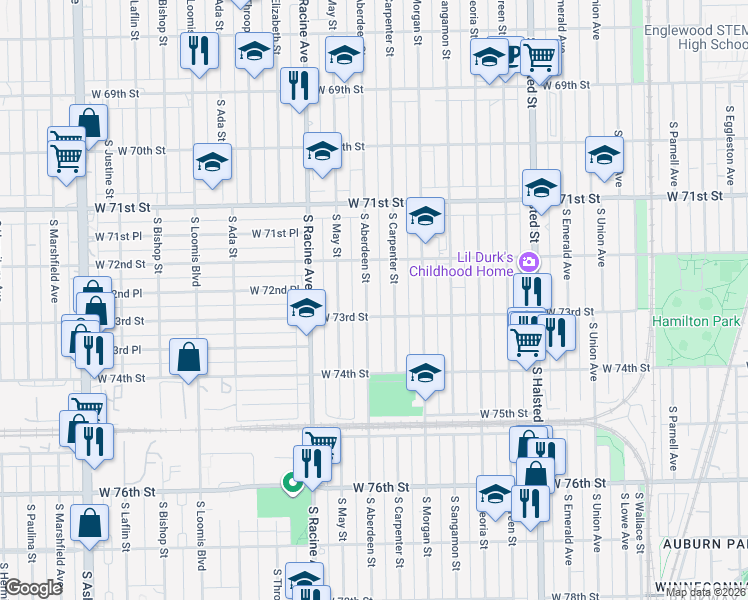 map of restaurants, bars, coffee shops, grocery stores, and more near 7258 South Carpenter Street in Chicago