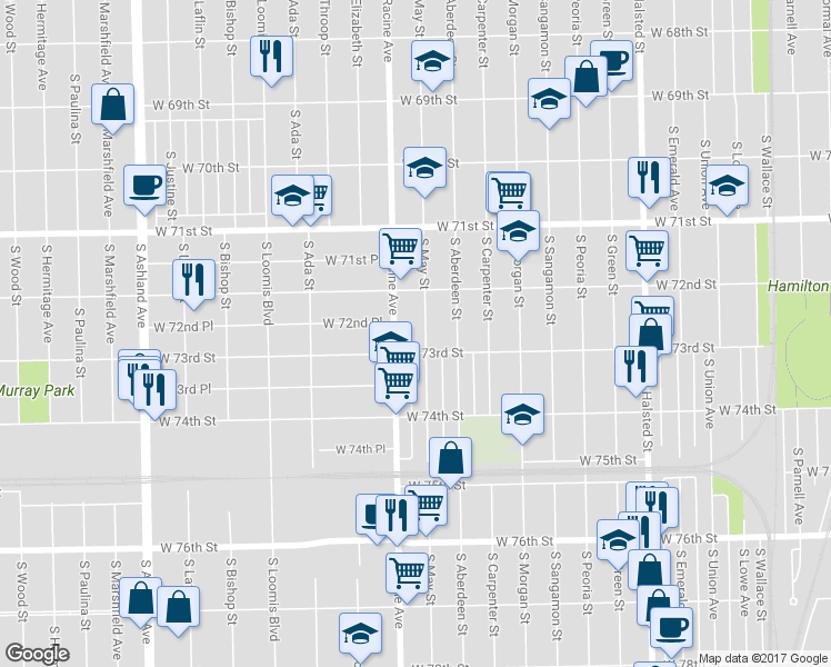 map of restaurants, bars, coffee shops, grocery stores, and more near 7259 South May Street in Chicago