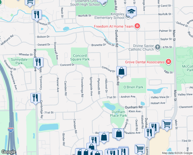 map of restaurants, bars, coffee shops, grocery stores, and more near 6910 Plymouth Road in Downers Grove