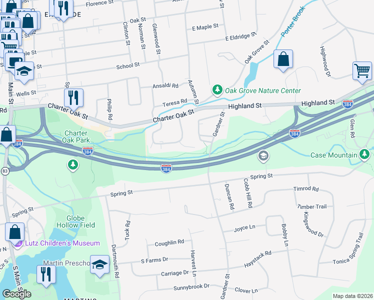 map of restaurants, bars, coffee shops, grocery stores, and more near 97 Sycamore Lane in Manchester
