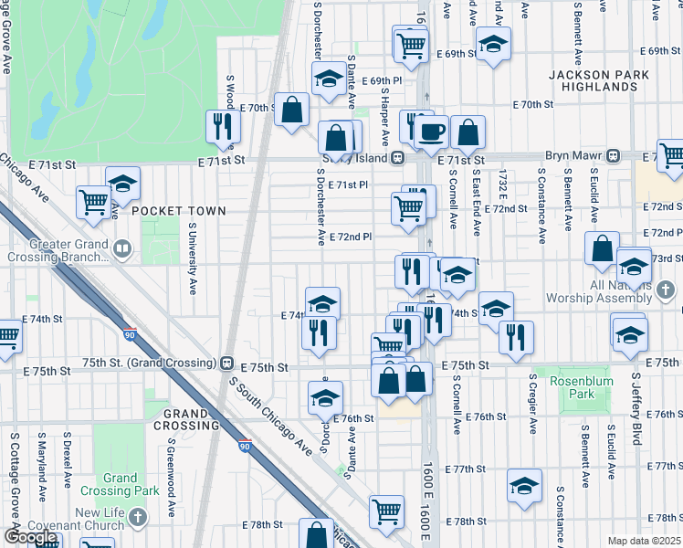 map of restaurants, bars, coffee shops, grocery stores, and more near 7310 South Dante Avenue in Chicago