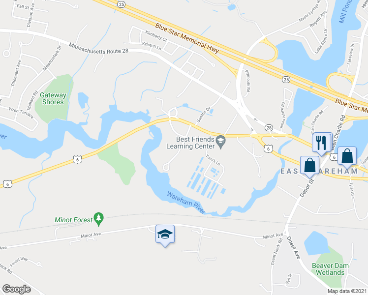 map of restaurants, bars, coffee shops, grocery stores, and more near 10 Linwood Avenue in Wareham