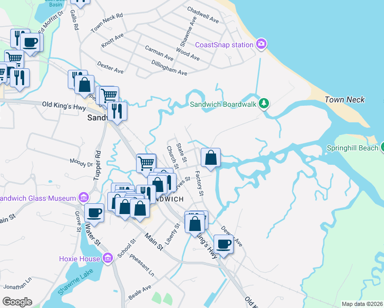 map of restaurants, bars, coffee shops, grocery stores, and more near 11 Harbor Street in Sandwich