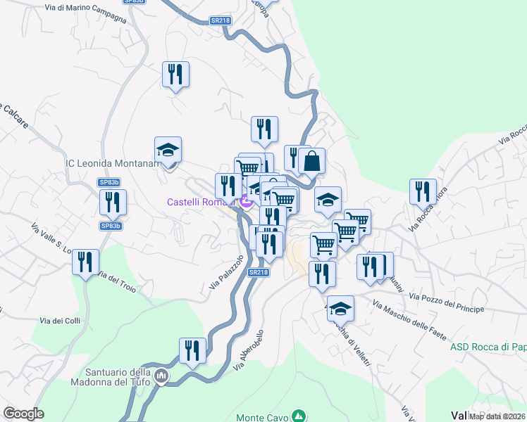 map of restaurants, bars, coffee shops, grocery stores, and more near 183 Viale Enrico Ferri in Rocca di Papa