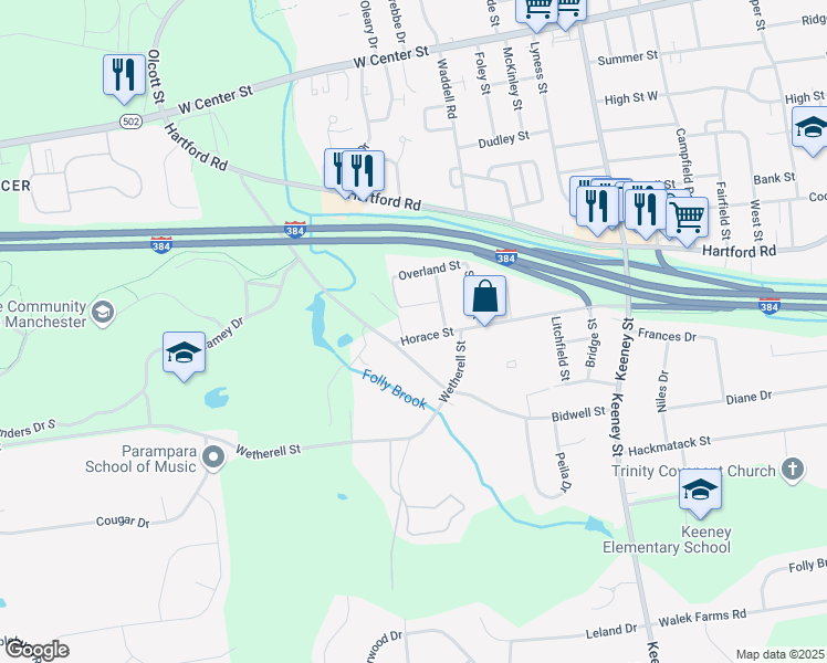 map of restaurants, bars, coffee shops, grocery stores, and more near 15 Horace Street in Manchester