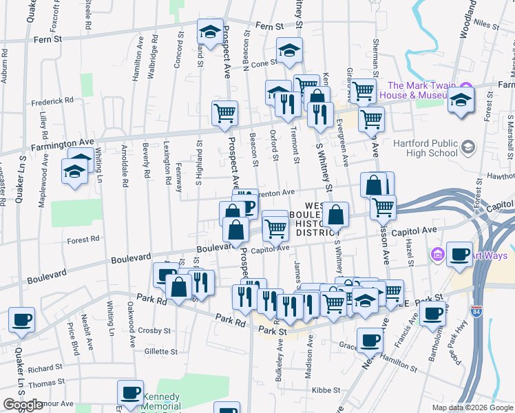 map of restaurants, bars, coffee shops, grocery stores, and more near 112 Beacon Street in Hartford