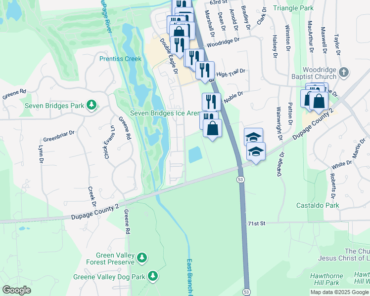 map of restaurants, bars, coffee shops, grocery stores, and more near 6707 Double Eagle Drive in Woodridge