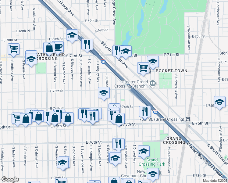 map of restaurants, bars, coffee shops, grocery stores, and more near 7318 South Cottage Grove Avenue in Chicago