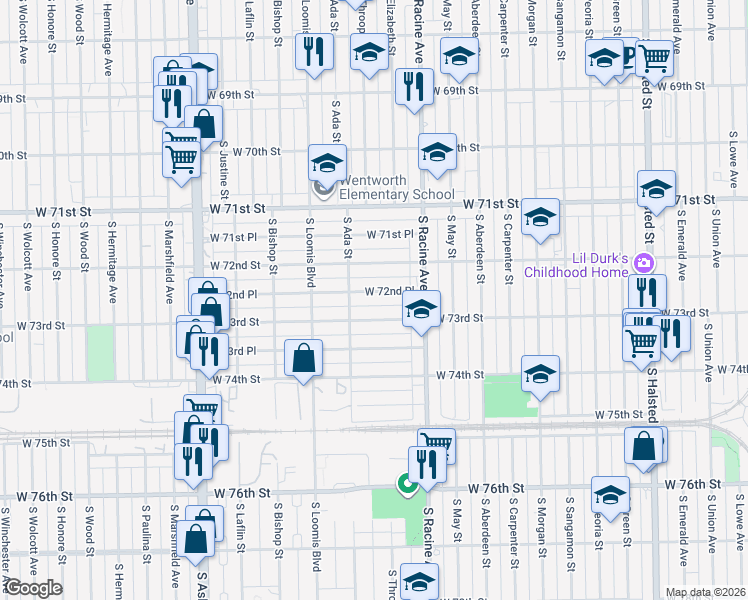 map of restaurants, bars, coffee shops, grocery stores, and more near 1236 West 73rd Street in Chicago