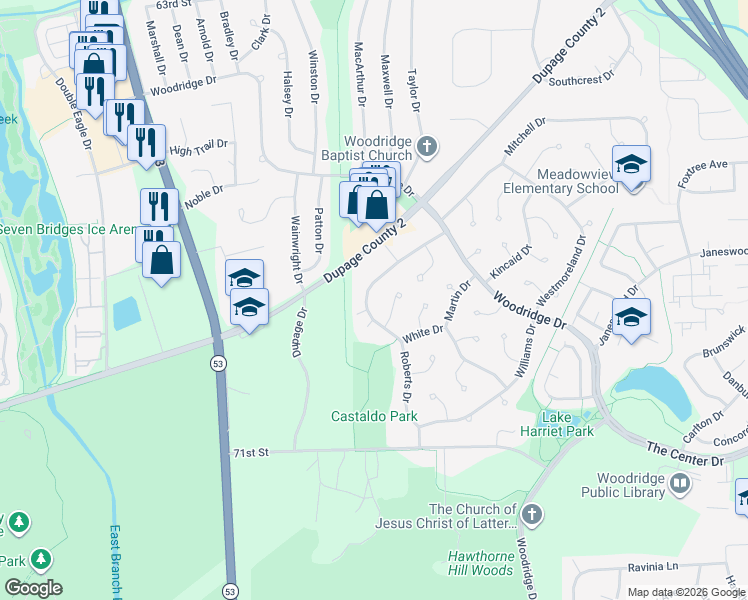 map of restaurants, bars, coffee shops, grocery stores, and more near 6821 Roberts Drive in Woodridge