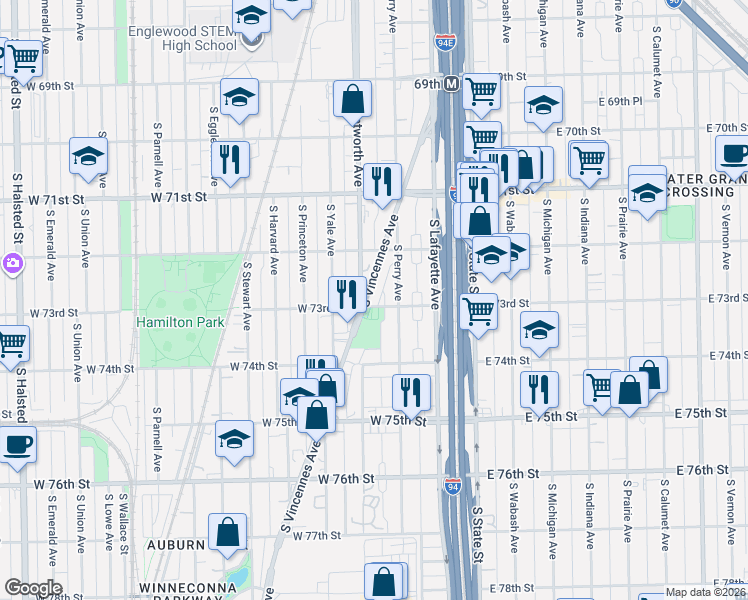 map of restaurants, bars, coffee shops, grocery stores, and more near 7306 South Perry Avenue in Chicago