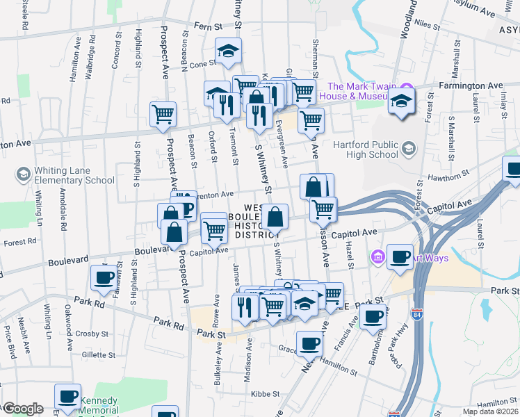 map of restaurants, bars, coffee shops, grocery stores, and more near 926 West Boulevard in Hartford