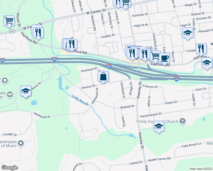 map of restaurants, bars, coffee shops, grocery stores, and more near 118 Wetherell Street in Manchester
