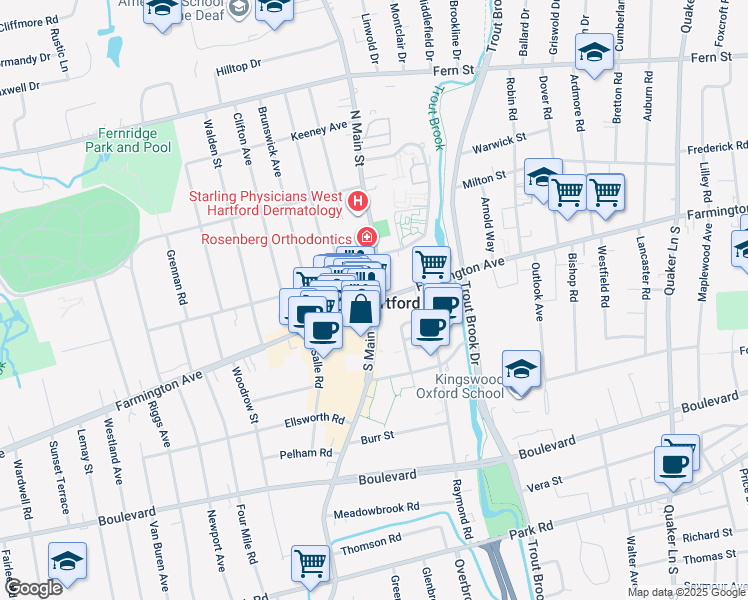 map of restaurants, bars, coffee shops, grocery stores, and more near in West Hartford