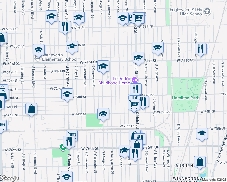 map of restaurants, bars, coffee shops, grocery stores, and more near 944 West 73rd Street in Chicago