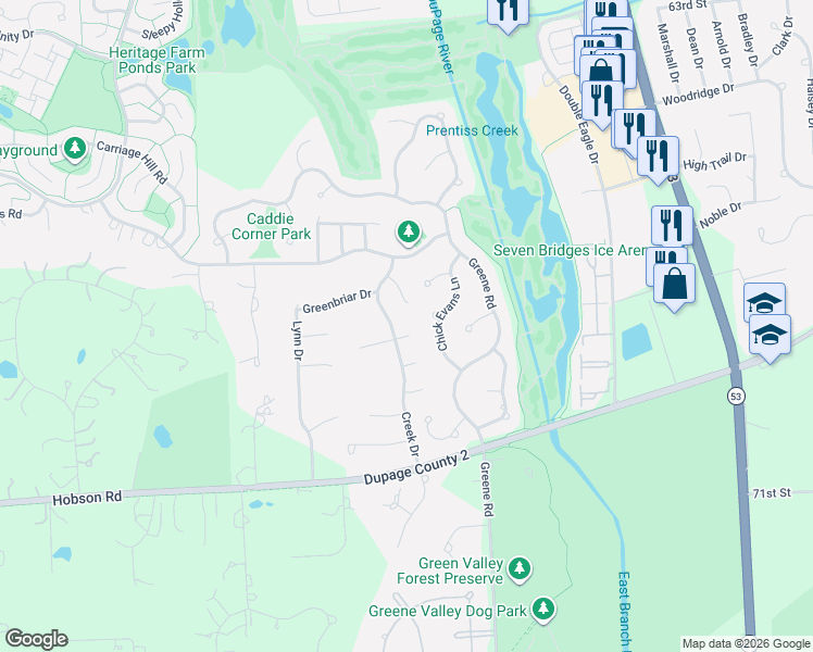 map of restaurants, bars, coffee shops, grocery stores, and more near 23W321 Woodcrest Court East in Naperville