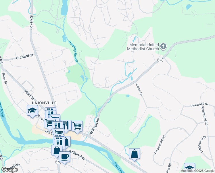 map of restaurants, bars, coffee shops, grocery stores, and more near 30 Great Meadow Lane in Avon