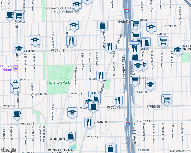 map of restaurants, bars, coffee shops, grocery stores, and more near 7250 South Yale Avenue in Chicago