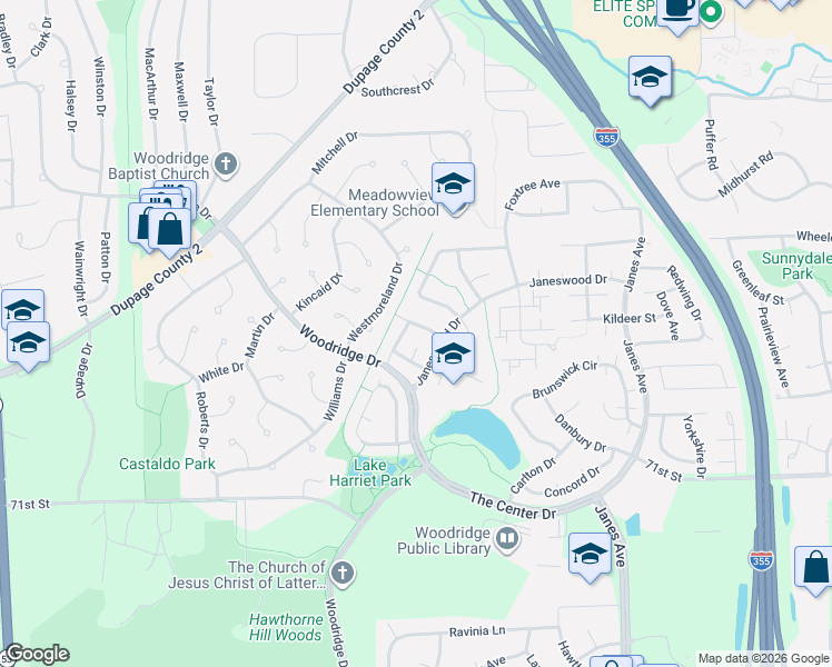 map of restaurants, bars, coffee shops, grocery stores, and more near 2665 Sumac Street in Woodridge