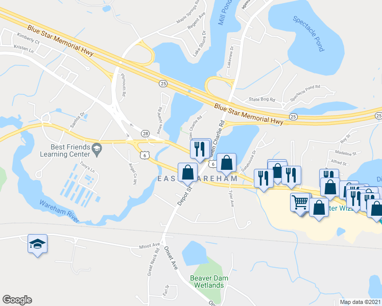 map of restaurants, bars, coffee shops, grocery stores, and more near 2828 Cranberry Highway in Wareham