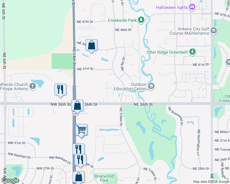 map of restaurants, bars, coffee shops, grocery stores, and more near 3612 Northeast Sadie Lane in Ankeny